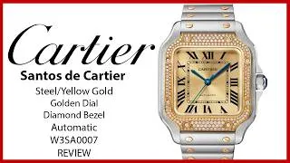 Thumbnail: ▶ Cartier Santos de Cartier Medium Steel/Yellow Gold Diamond Bezel Golden Dial W3SA0007 - REVIEW