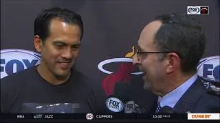 Thumbnail: April 10, 2019 - FSS - Eric Spoelstra Post Game Interview on Dwyane Wade's Last Career Game (@ Nets)