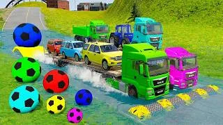 Thumbnail: Flatbed Trailer Cars Transportation with Truck - Speedbumps vs Cars vs Train - BeamNG.Drive #45
