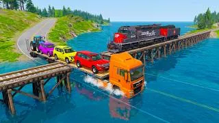 Thumbnail: Flatbed Trailer Cars Transportation with Truck - Speedbumps vs Cars vs Train - BeamNG.Drive #45