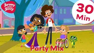 Thumbnail: "Party Songs for Kids" 🎈Sing & Dance Along! 🎈30-Min Summer Compilation 🎈Jeremy and Jazzy