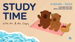 Thumbnail: Study with Mr. & Ms. Capy | 4 Hour Pomodoro (50/10 min) | Jazz & Nature Sounds