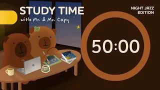 Thumbnail: Study with Mr. & Ms. Capy | 3 Hours Pomodoro (50/10 min) | Cozy Jazz for Night Study Session