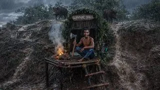 Thumbnail:  24 Hours Survival in Heavy Rain 🌧️ | Secret Underground House | Wild Boar Attack | Jungle Survival 