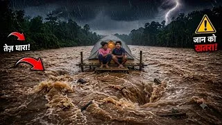 Thumbnail:  🌧️ Dangerous Flood Camping in Heavy Rain 😱 | तेज़ बहाव में फंसी Camping | Overnight Survival 