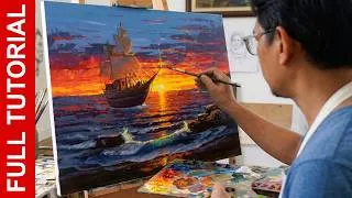 Thumbnail: Tutorial: Realistic Painting Sailing Ship in Sunset Beach in Acrylics / JMLisondra