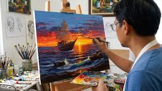 Thumbnail: Painting Realistic Sailing Ship in Sunset Beach / Time-lapse / JMLisondra