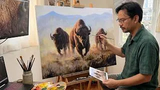 Thumbnail: Painting Realistic Sunset Landscape with 3 Bisons / Time-lapse / JMLisondra