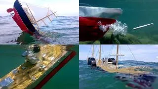 Thumbnail: DIY scale model ships sinking at sea, underwater footage of cardboard ships wrecking