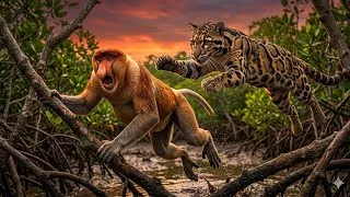 Thumbnail: Proboscis Monkey Faces a Clouded Leopard | Deadly Borneo Chase & Epic Survival Battle 4K #wildlife 