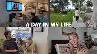 Thumbnail: day in my life: mental health chat, filming bts, taking the dogs to the vet, making dinner!!