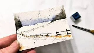 Thumbnail: Wood fence on snowy field painting tutorial » Countryside watercolor winter landscape for beginners