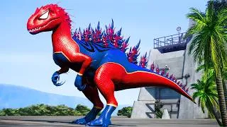 Thumbnail: Godzilla I-Rex Spiderman vs Super TREX vs Triceratops Jurassic World Evolution Dinosaurs Fighting