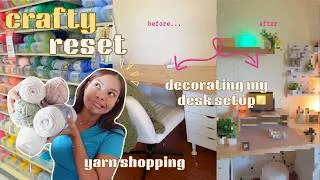 Thumbnail: crafty reset: i FINALLY decorated my desk setup | yarn shopping, coloring,  packing orders, etc