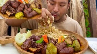 Thumbnail: Braised tender pork with two big bitter eggplant , two king chilly and bottle gourd boil.