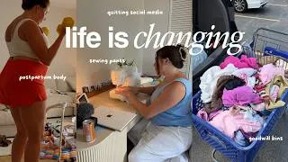 Thumbnail: DAY IN THE LIFE 🧺🧵 leaving YouTube, thrifting, sew with me, postpartum body image