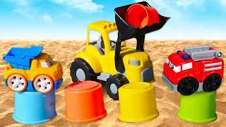 Thumbnail: Toy excavator and street vehicles build a toy colorful tower.