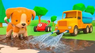 Thumbnail: The road is covered in mud, and trucks are cleaning it. A water truck is cleaning the trucks.