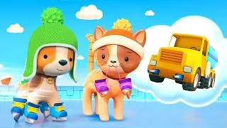 Thumbnail: A dump truck, an excavator, a crane, and a water truck are building an ice rink for animals.