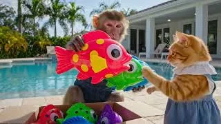 Thumbnail: Cute Mono the Monkey Meets Rainbow Fish & Magic Turtle in the Pool!