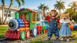 Thumbnail: Cute NaNa the Monkey & Baby Kitten Build a Big Rainbow Train from Bottles and Ride It All Day