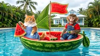 Thumbnail: Cute NaNa the Monkey & Little Kitten Build a Giant Watermelon Boat on the Magic Pool