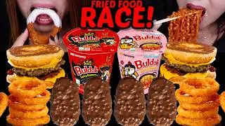 Thumbnail: ASMR FRIED FOOD BURGER FEAST! 10X spicy Buldak noodles, crunchy onion rings, chocolate ice cream 먹방