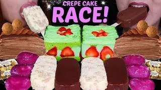 Thumbnail: ASMR DUBAI CHOCOLATE SCOOP CAKE RACE! Nutella crepe cake, mochi ice cream, crunchy ice cream bars 먹방