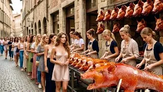 Thumbnail: collection of markets selling whole roasted pigs that attract the longest queues of buyers