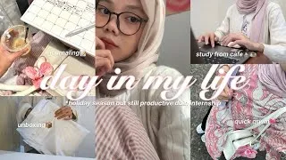 Thumbnail: a day in my life *living alone*: study from cafe, quick grwm, unboxing, internship season👩🏻‍💻💭📦🎀