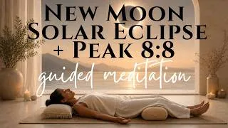 Thumbnail: NEW MOON + TOTAL SOLAR ECLIPSE 🌑 Powerful Manifestation Meditation | 8:8 LION’S GATE