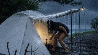Thumbnail: Solo Camping Girl in Heavy Rain ☔️ | | Cooking, Cozy Tent & Relaxing Sound of Rain - ASMR