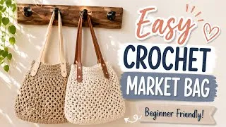 Thumbnail: Easy Crochet Market Bag with Leather Straps | Beginner Tutorial