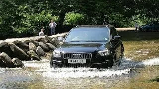 Thumbnail: Cars drive through ford at Tarr Steps (clapper bridge), Exmoor UK