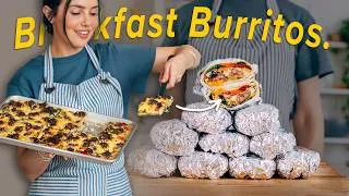 Thumbnail: Prepping 10 breakfast burritos on one tray for my freezer