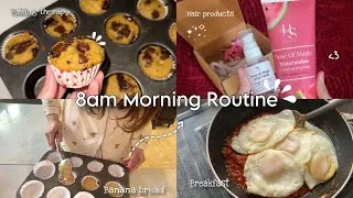 Thumbnail: My 8am morning routine☀️ haircare unboxing 🍉, baking, laundry & more