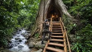 Thumbnail: Man Builds a Secret Shelter Inside a Giant Tree. Bushcraft treehouse, Survival, Cacth and Cook