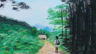 Thumbnail: Painting Girl on the country road | Acrylic painting country road and blue sky