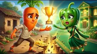 Thumbnail: गरीब गाजर vs अमीर शिमला मिर्च 🥕 | Rich vs Poor Vegetable Story | Hindi Sabzi Kahani