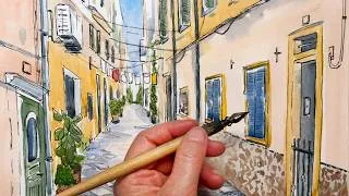 Thumbnail: Watercolour Urban Sketch: A Sunlit Lane with Blue Shutters