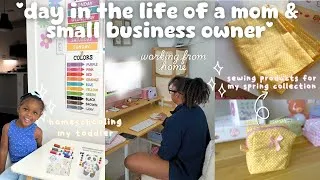 Thumbnail: day the life of a small business owner & mom // sewing products 🪡 + homeschooling ♡