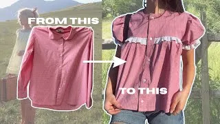 Thumbnail: upcycling a men's shirt so I can pretend to live on a farm | Easy DIY thrift flip sewing TUTORIAL!