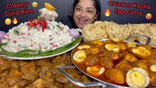 Thumbnail: SPICY BENGALI STYLE EGG CURRY, CHICKEN KOSHA WITH CREAMY CURD RICE AND KERALA PARATHA | MUKBANG 