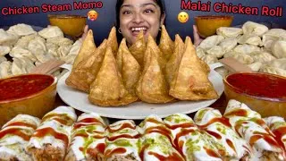 Thumbnail: CHICKEN STEAM MOMOS, CREAMY CHICKEN MALAI BOTI ROLL, VEGETABLE SAMOSA WITH SPICY CHICKEN CURRY |ASMR