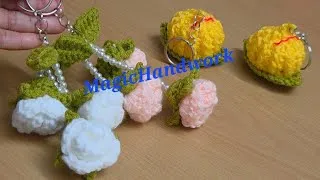 Thumbnail: Crochet modak keychain, Pink Rose keychain, Gift for Ganesh Chaturthi, Flower Bag charm for beginner