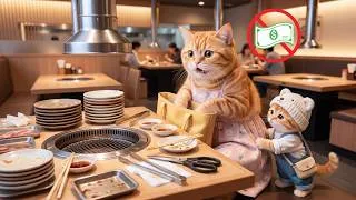 Thumbnail: Broke Mama Cat & Ginger Kitten Work As Waiters After Eating BBQ Buffet! 🙀🍽️🍖🚨