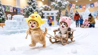 Thumbnail: It's Too Hot, So Mama Cat Takes Ginger Kitten Skiing 🐱⛷️❄️