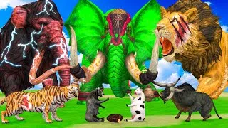 Thumbnail: 5 Giant Mammoth Elephant Cow vs 5 Giant Lion Tiger vs Hybrid Tiger Bull Zebra Saved By Wolly Mammoth