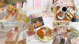 Thumbnail: Productive morning routine ✨🌱 cozy morning, cleaning & organizing, working in a cafe, aesthetic