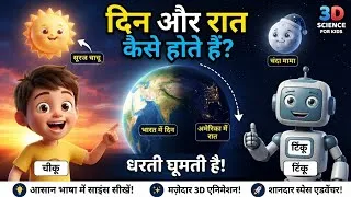 Thumbnail: 🌍 दिन और रात कैसे होते हैं? ☀️🌙 | Earth Rotation for Kids | चीकू और टिंकू | 3D Hindi STEM